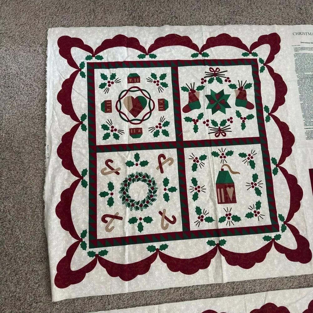Vtg Wamsutta Christmas Sampler Fabric Panel Cheater Quilt Wall Hanging Uncut 2PC